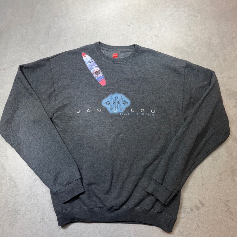 San Diego California Surfboard Graphic Sweatshirt Gray EcoSmart Small Shark